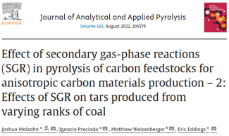 An academic paper: Effect of secondary gas-phase reactions (SGR) in pyrolysis of carbon feedstocks for anisotropic carbon materials production - 2: Effects of SGR on tars producted from varying ranks of coal