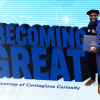a photo of a young black man in graduation robes next to a large font caption that says "Becoming Great"